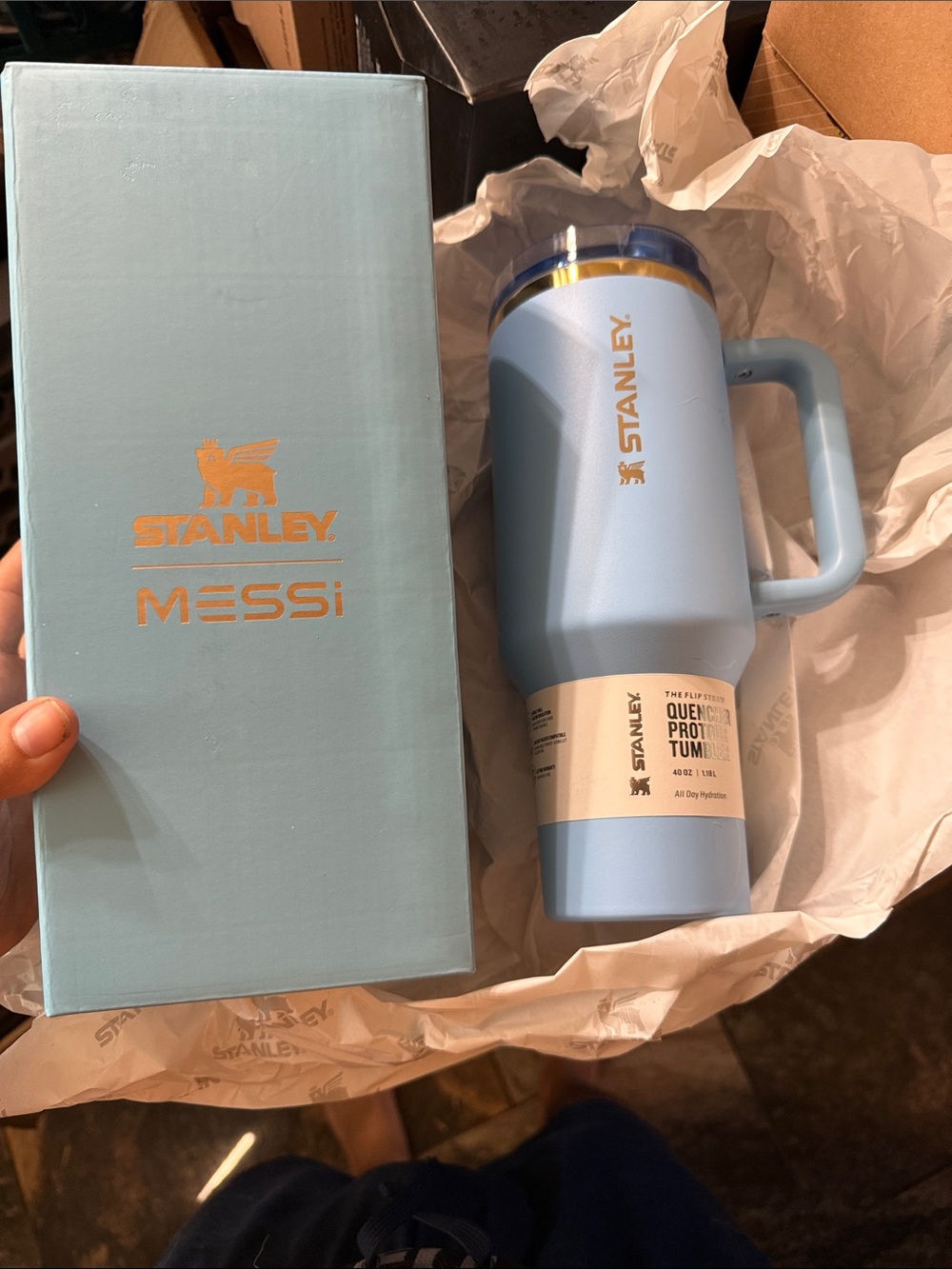 Stanley 40oz Messi Light Blue Box with Gold Messi Logo - Picture 2 of 3
